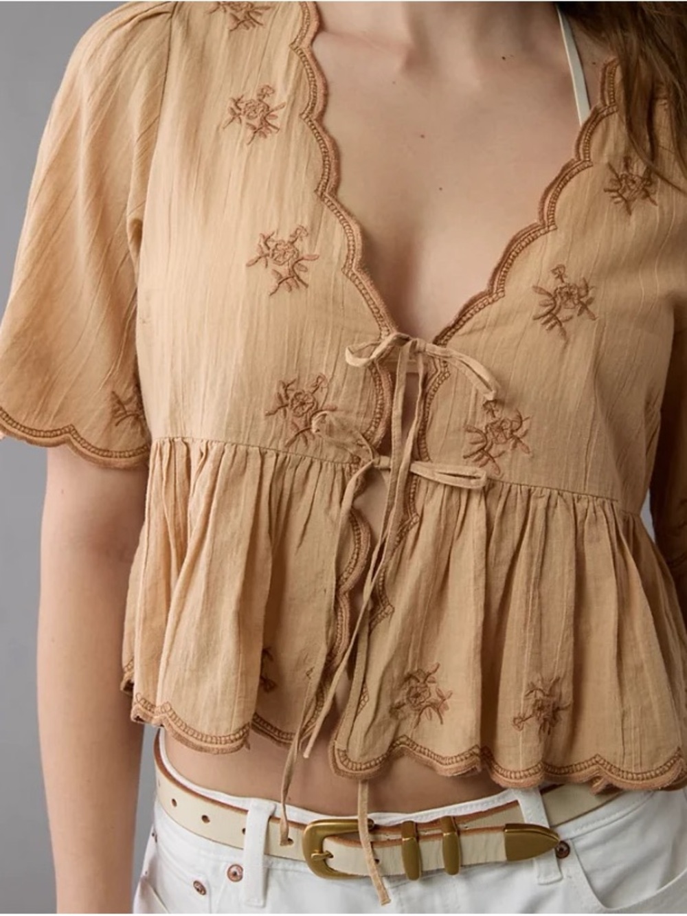 American Eagle Outfitters Tan Embroidered Tie-Front Peplum Crop Top